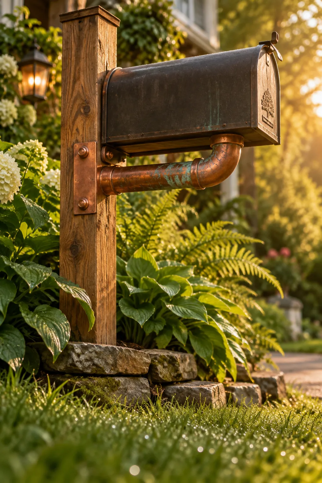 Mailbox post featuring a thick copper pipe support arm with a green patina