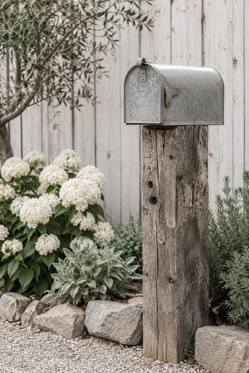 Rustic reclaimed barn beam used as a mailbox post holding a galvanized metal mailbox