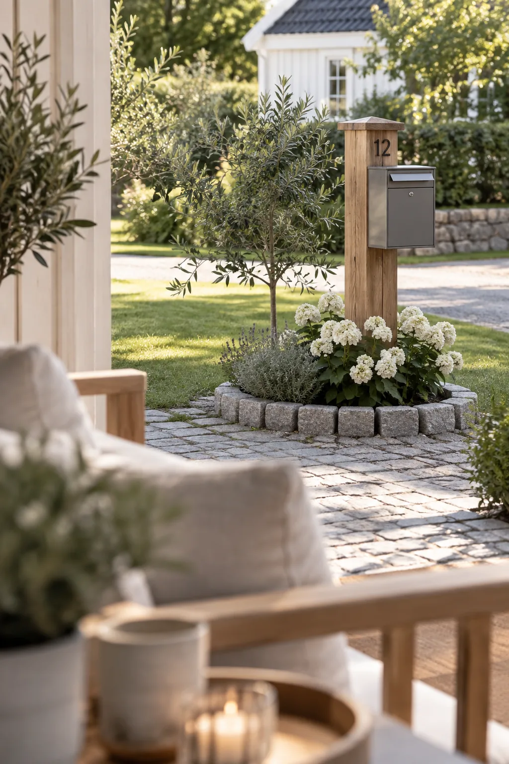 Base of a wooden mailbox post surrounded by a neat border of granite cobblestones