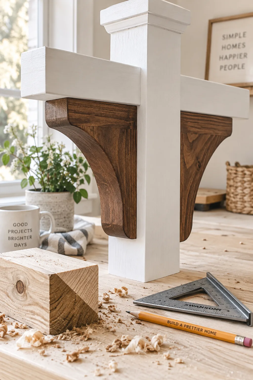 White mailbox post featuring a chunky wooden support bracket stained in dark walnut