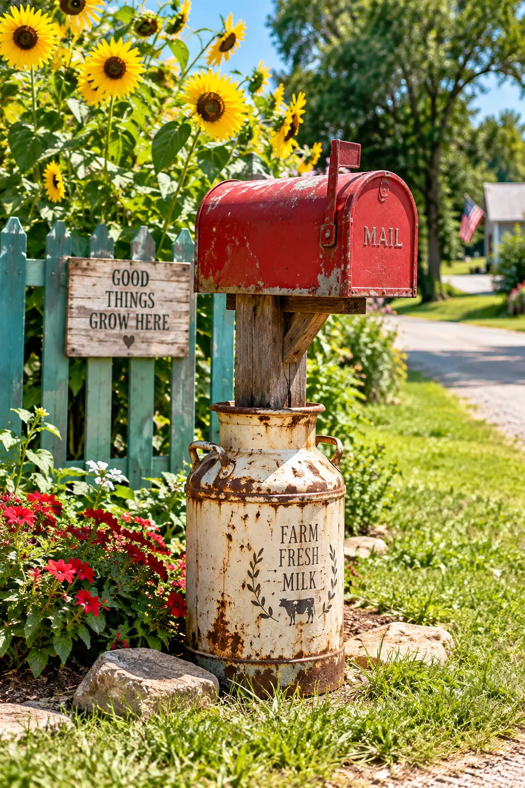 Wooden mailbox post set inside a vintage rusty metal milk can
