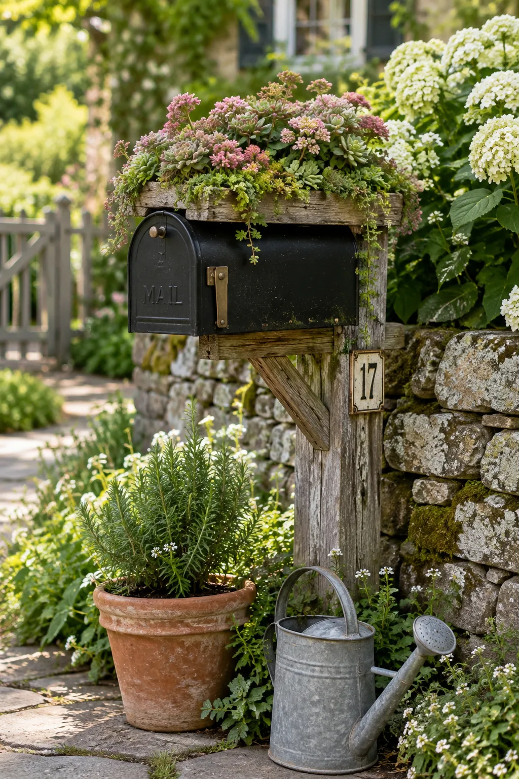 Metal mailbox topped with a shallow wooden tray filled with green and red sedum plants