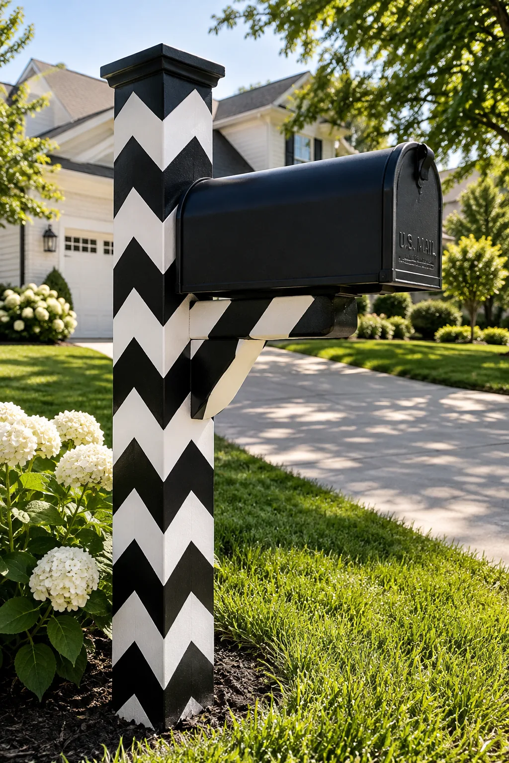 Wooden mailbox post painted with bold black and white diagonal stripes