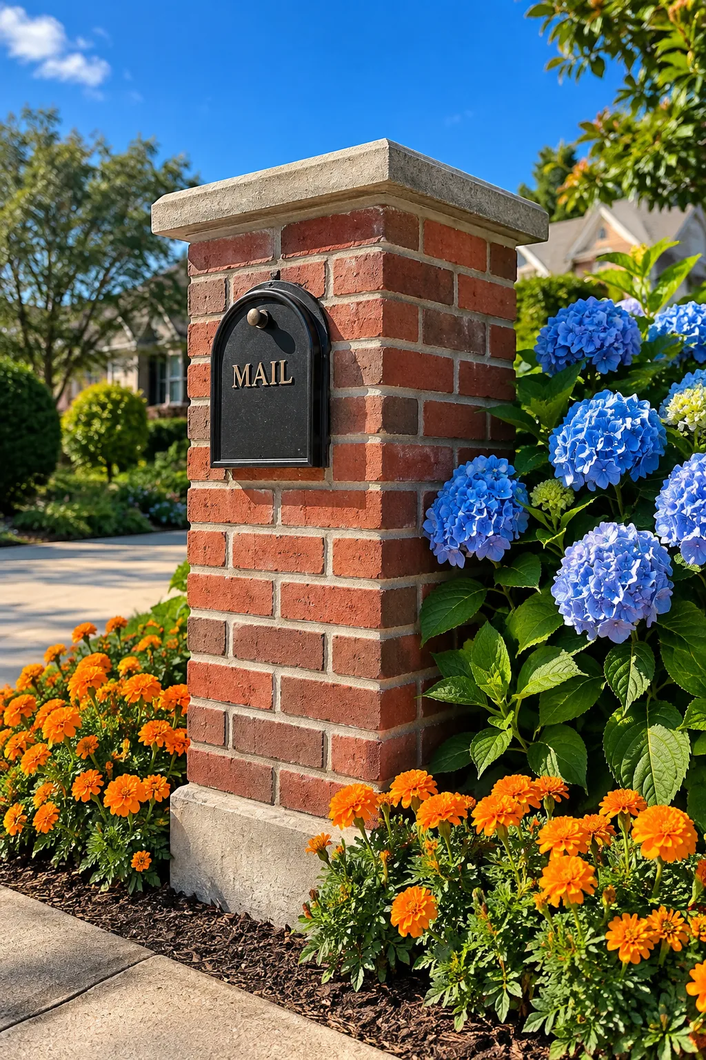 Sturdy brick column holding a black metal mailbox at the end of a driveway