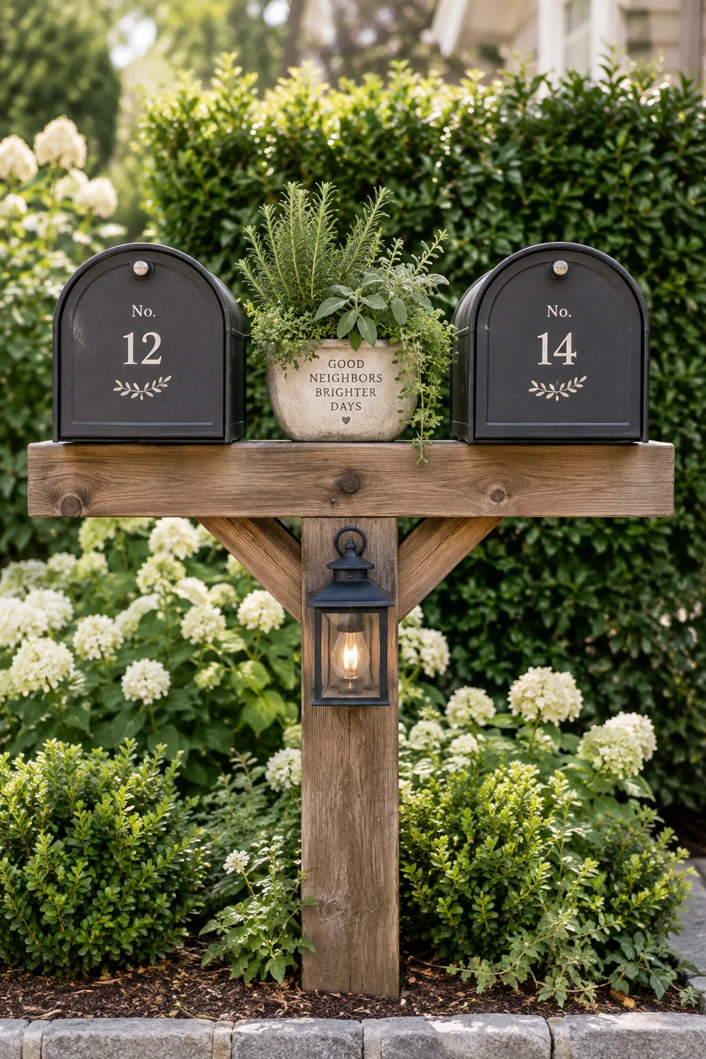 Wide wooden mailbox post holding two black mailboxes side by side with a hanging plant in the middle