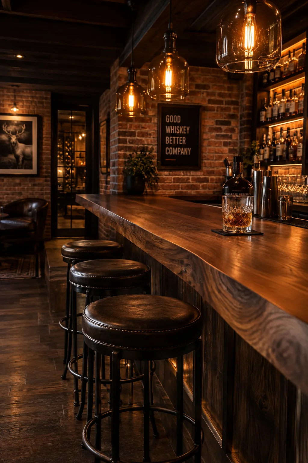 Basement bar with exposed brick wall and dark walnut wood counters.
