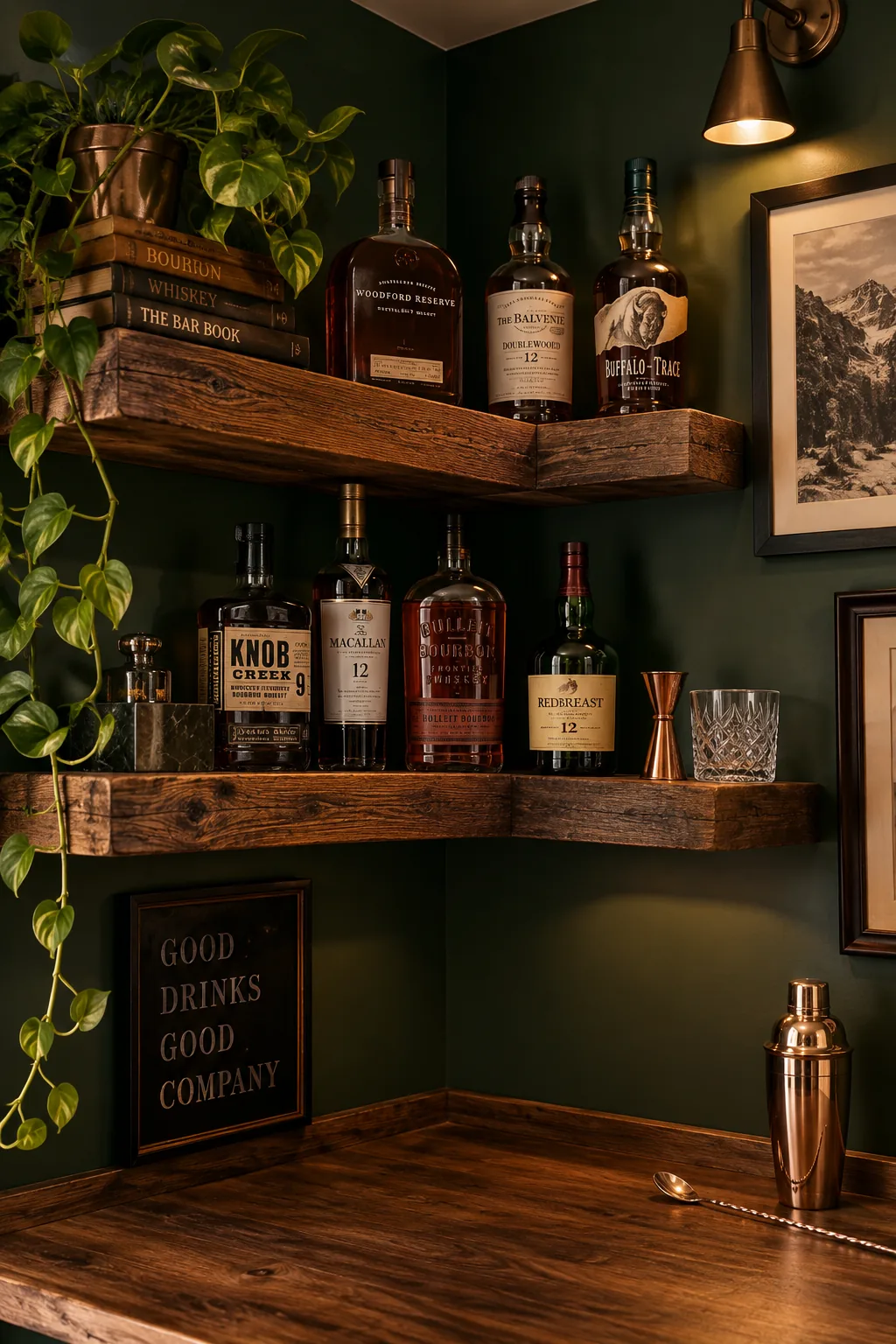 Floating wood shelves mounted in a corner above a home bar.