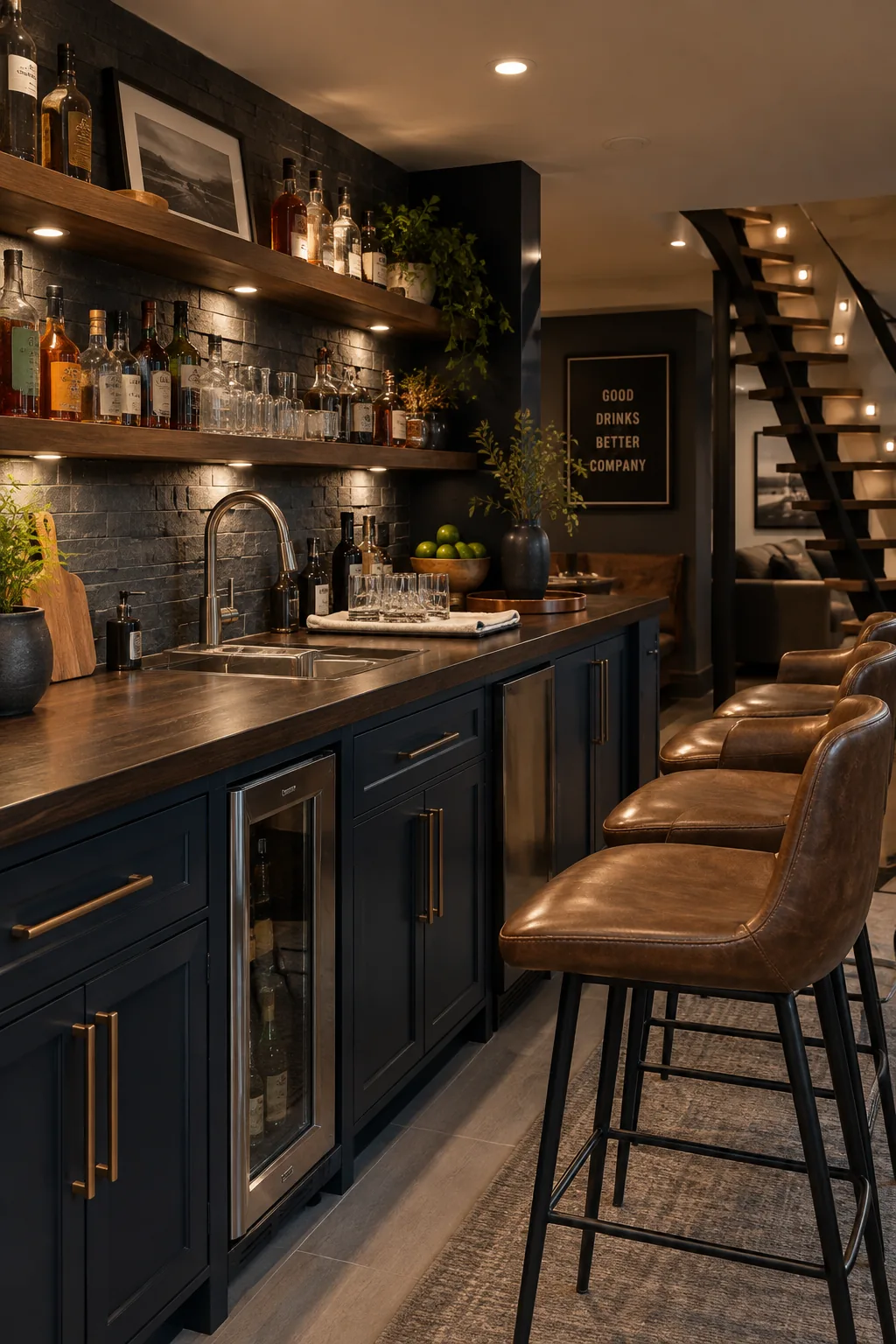 Stainless steel drop-in sink installed in a dark wood bar counter.
