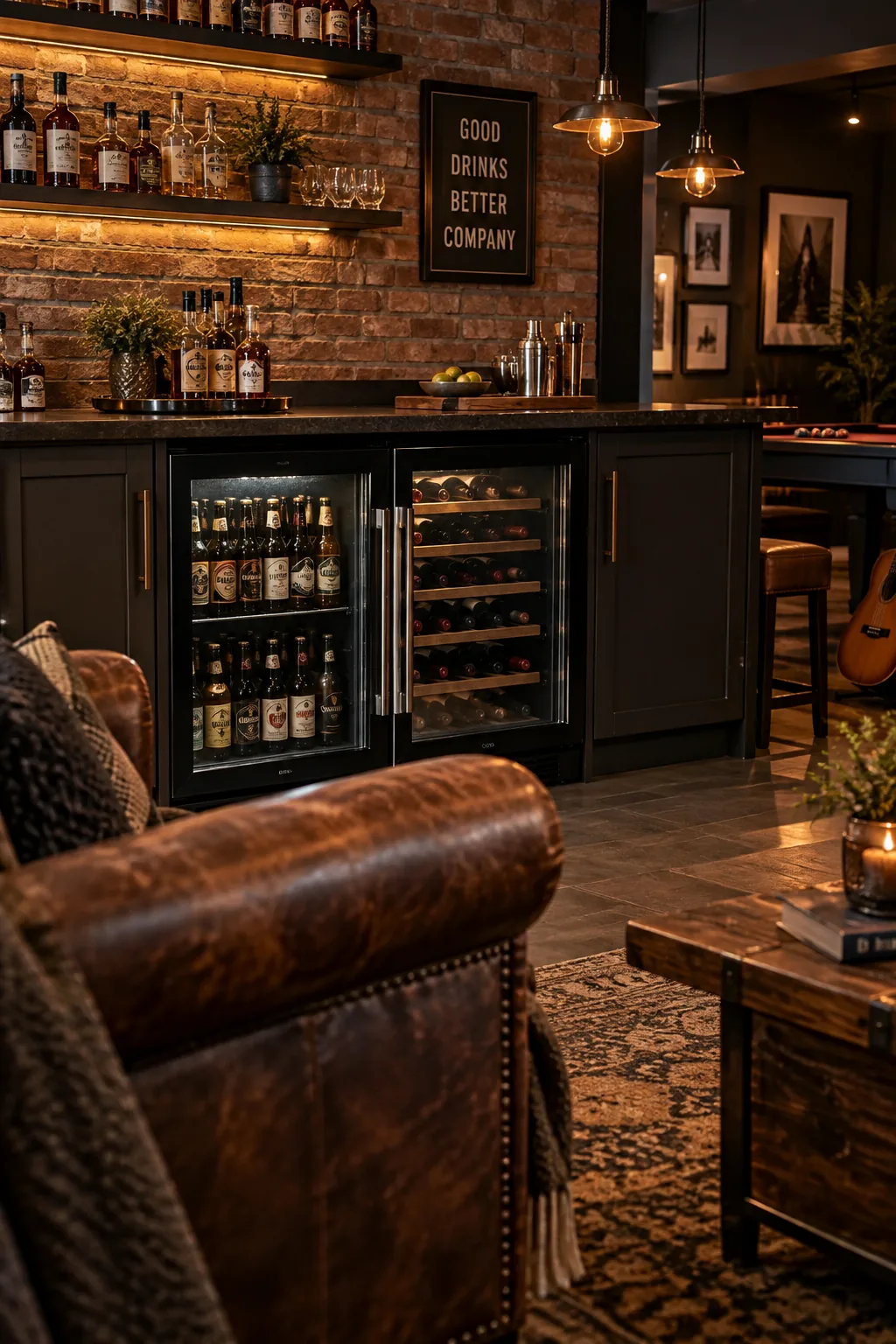 Dual-zone glass door beverage fridge built into lower bar cabinets.