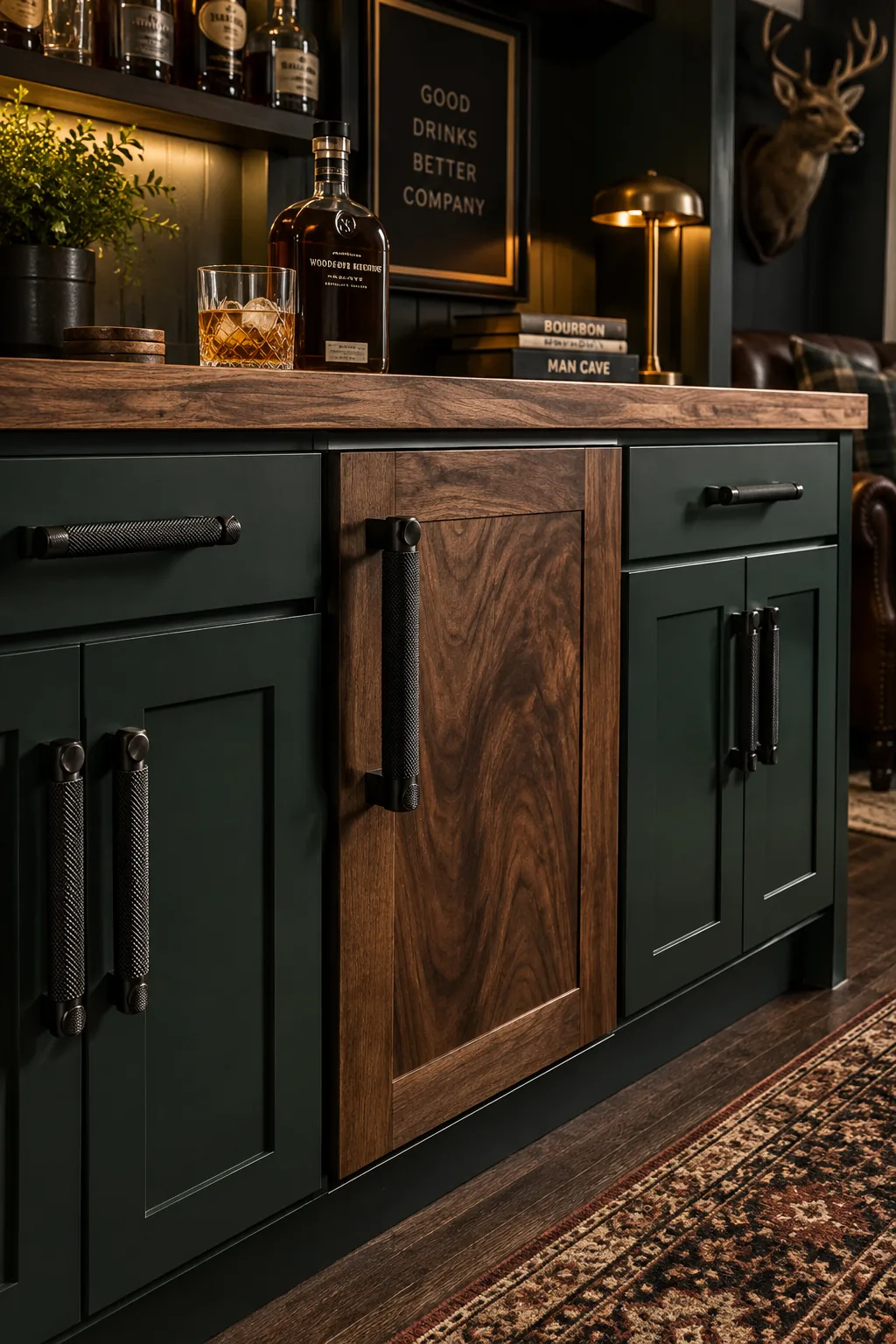 Close up of heavy knurled matte black handles on dark grey bar cabinets.