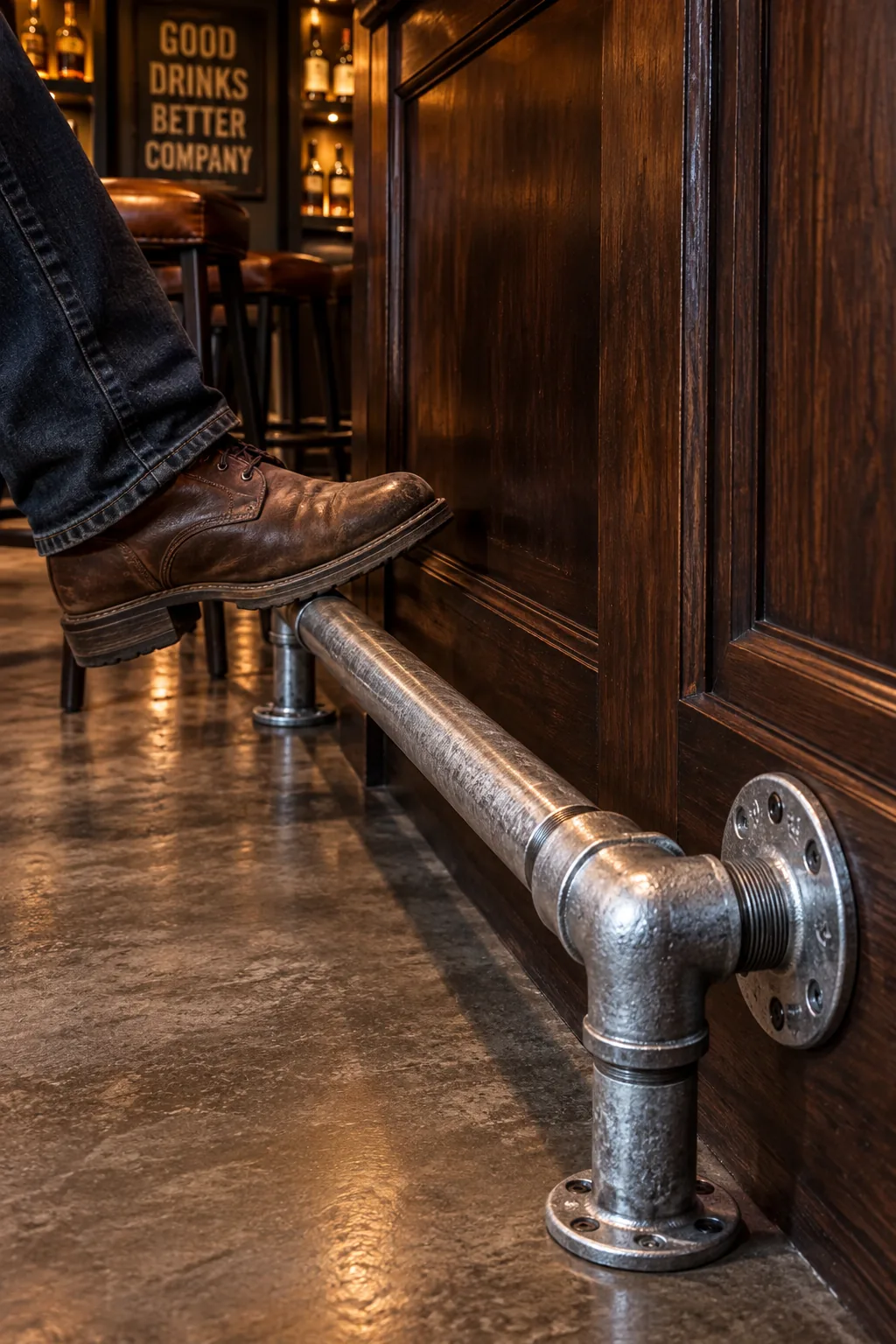 Galvanized steel pipe installed as a footrest along the bottom of a wooden bar.