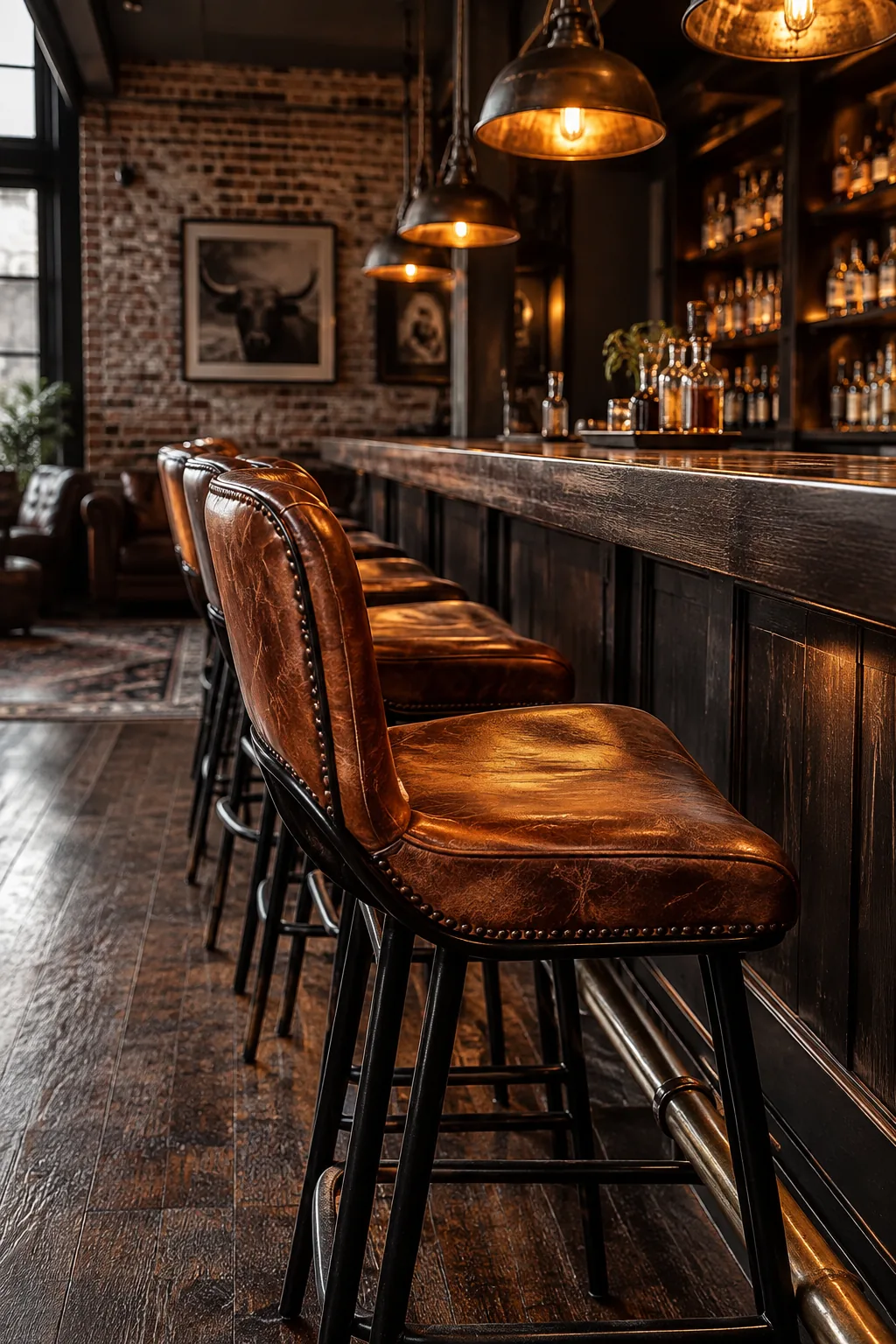 Three distressed brown leather bar stools lined up at a basement counter.