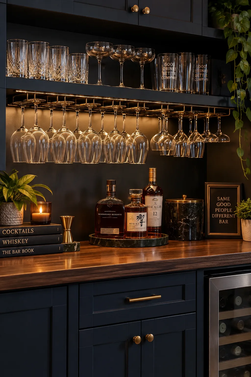 Stemware hanging upside down from metal racks under a wooden bar cabinet.
