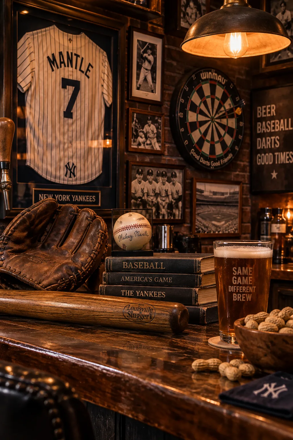 Man cave bar wall featuring a mounted TV, vintage tin signs, and a dartboard.