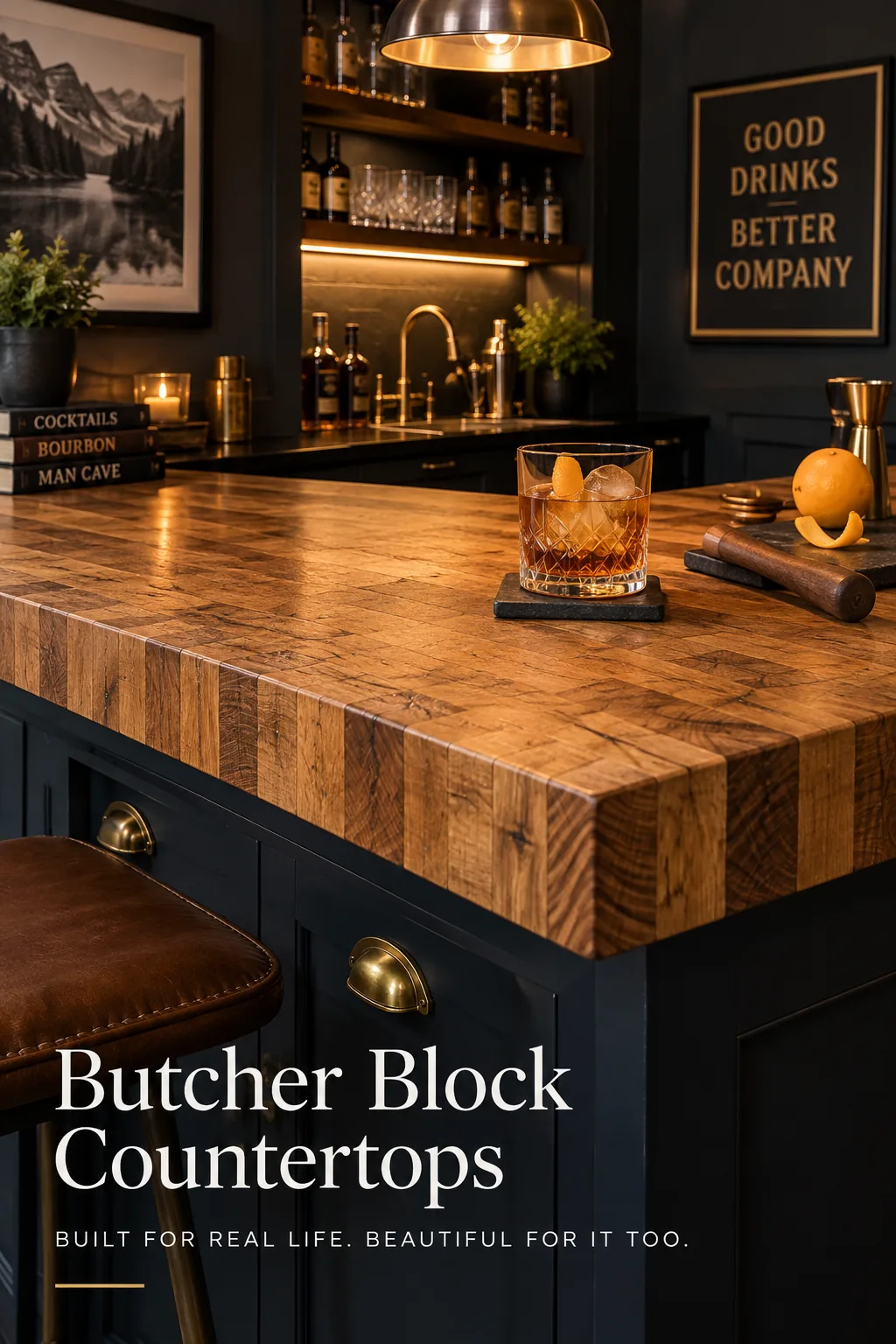 Thick butcher block countertop on a home bar with a waterproof finish.