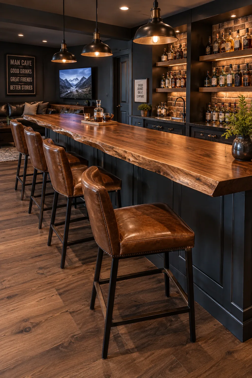 Side view of a bar counter showing a deep overhang for comfortable seating.