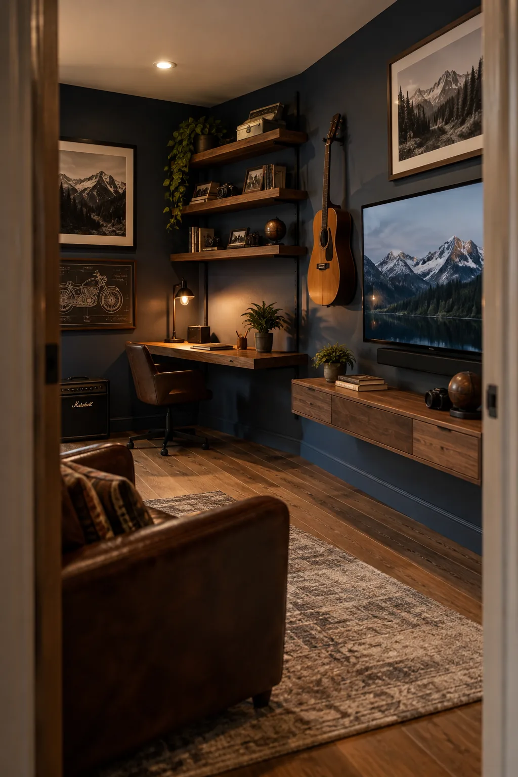 A small man cave featuring a floating wood desk and floating media console on a dark wall
