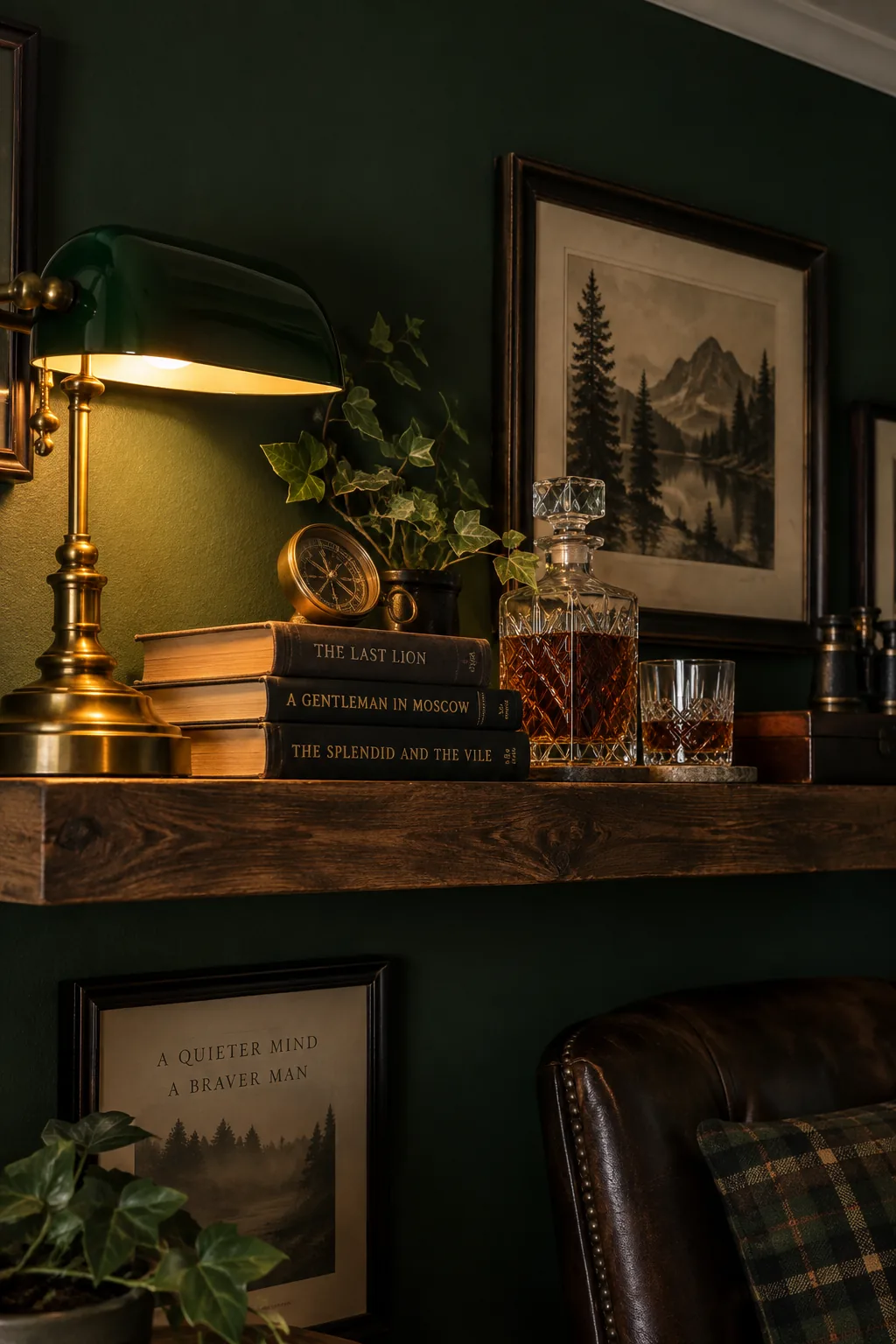 Small room painted in dark matte charcoal with warm leather seating and brass accents