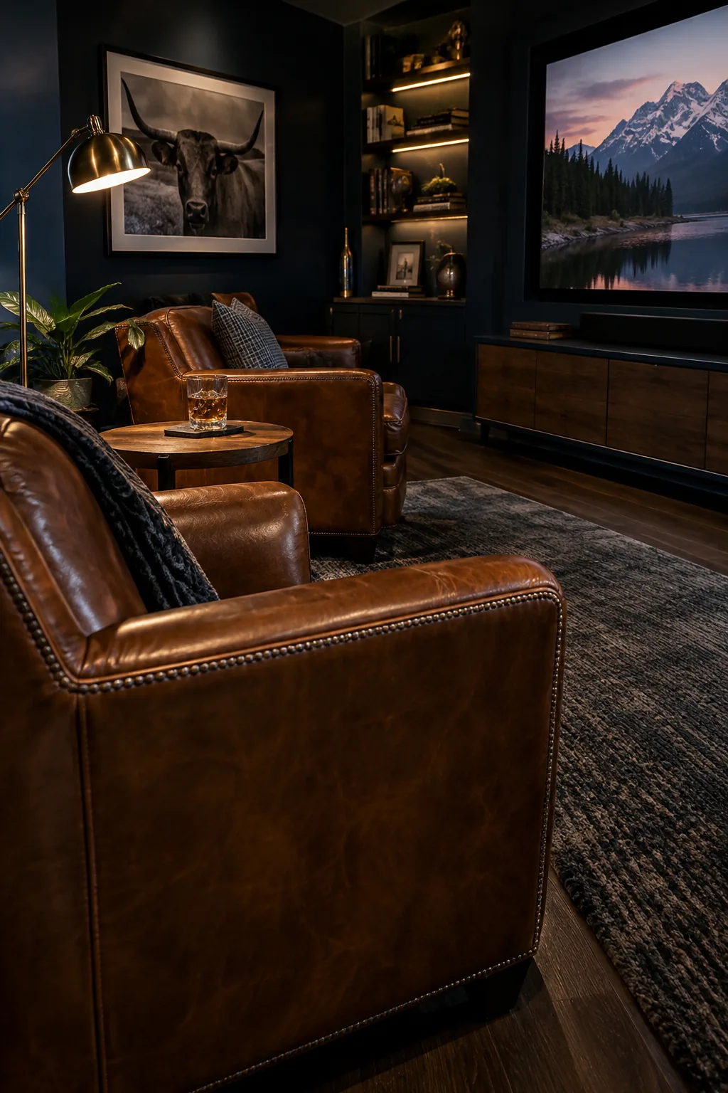 Two tailored leather club chairs facing a screen with a small drink table between them