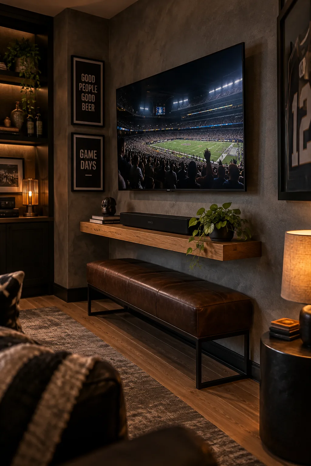 Flat screen television mounted flush against a dark wall with hidden cables