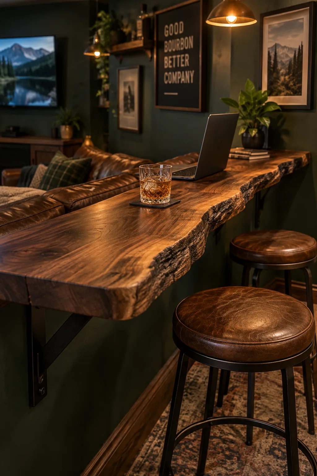 A narrow live-edge wood bar ledge built behind a small sofa with two metal stools
