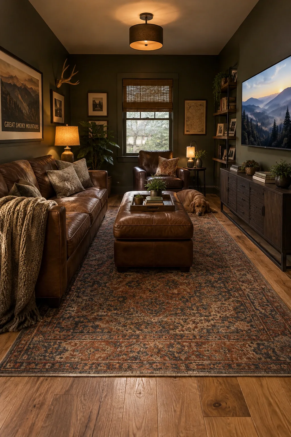A low-pile vintage rug centered in a small room with a visible border of hardwood floor