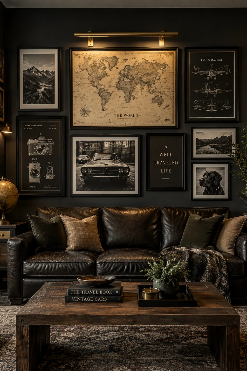 Gallery wall featuring vintage maps and prints in matching matte black frames above a leather chair