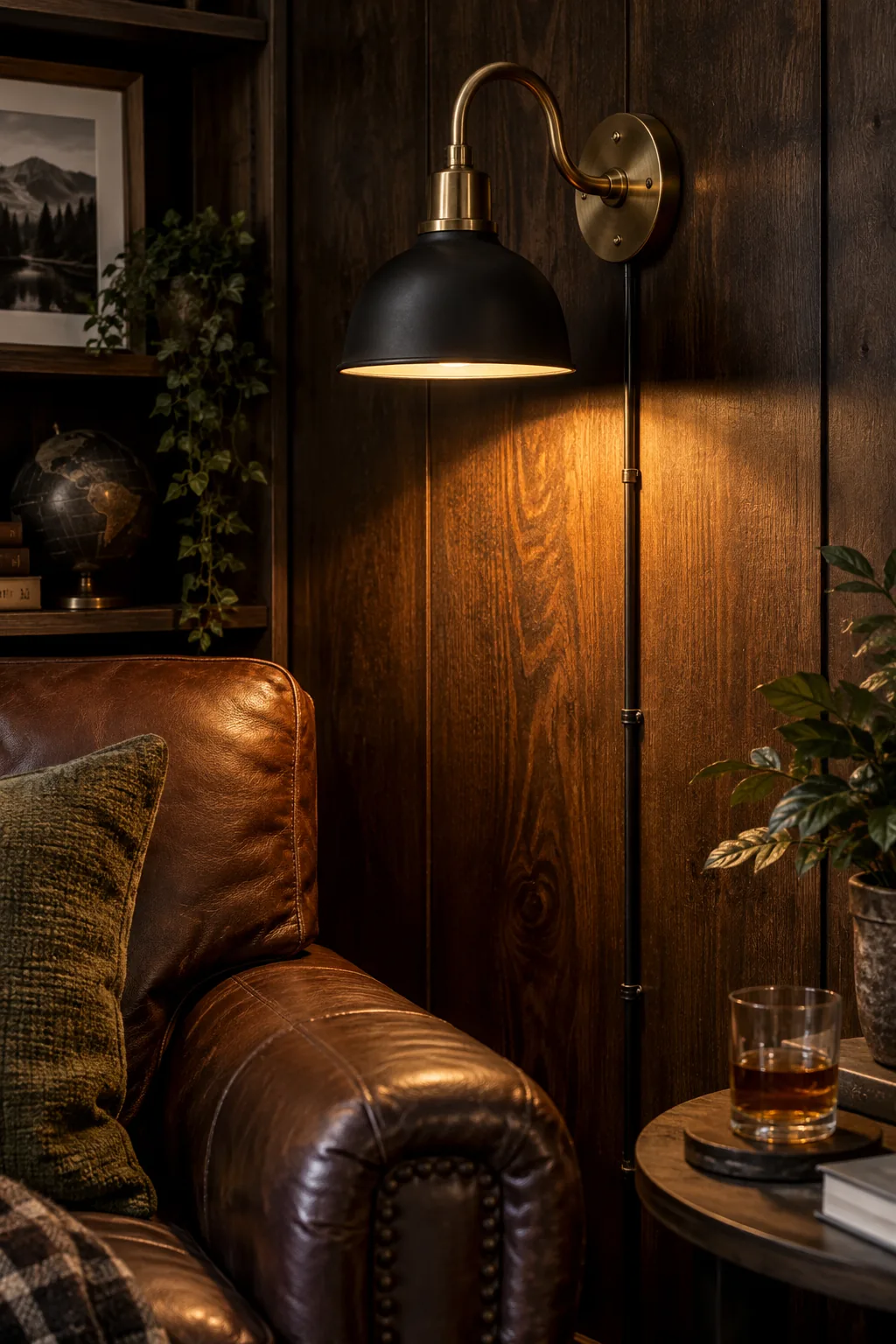 Small man cave illuminated by warm plug-in wall sconces flanking a piece of art