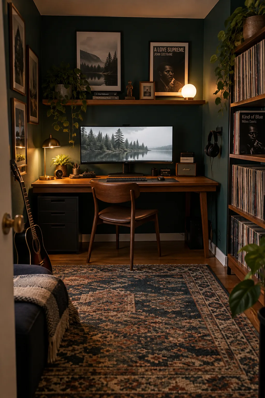 A sleek mid-century modern desk chair tucked neatly under a floating wood desk