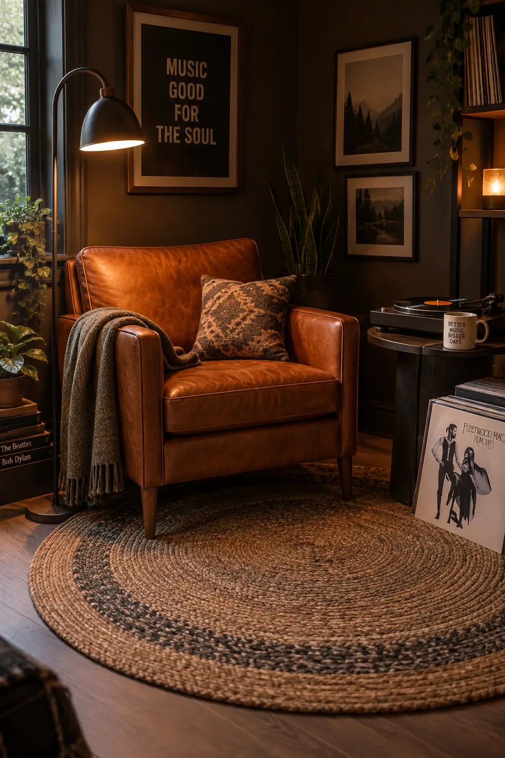 A corner reading nook defined by a small round rug and a stylish accent chair