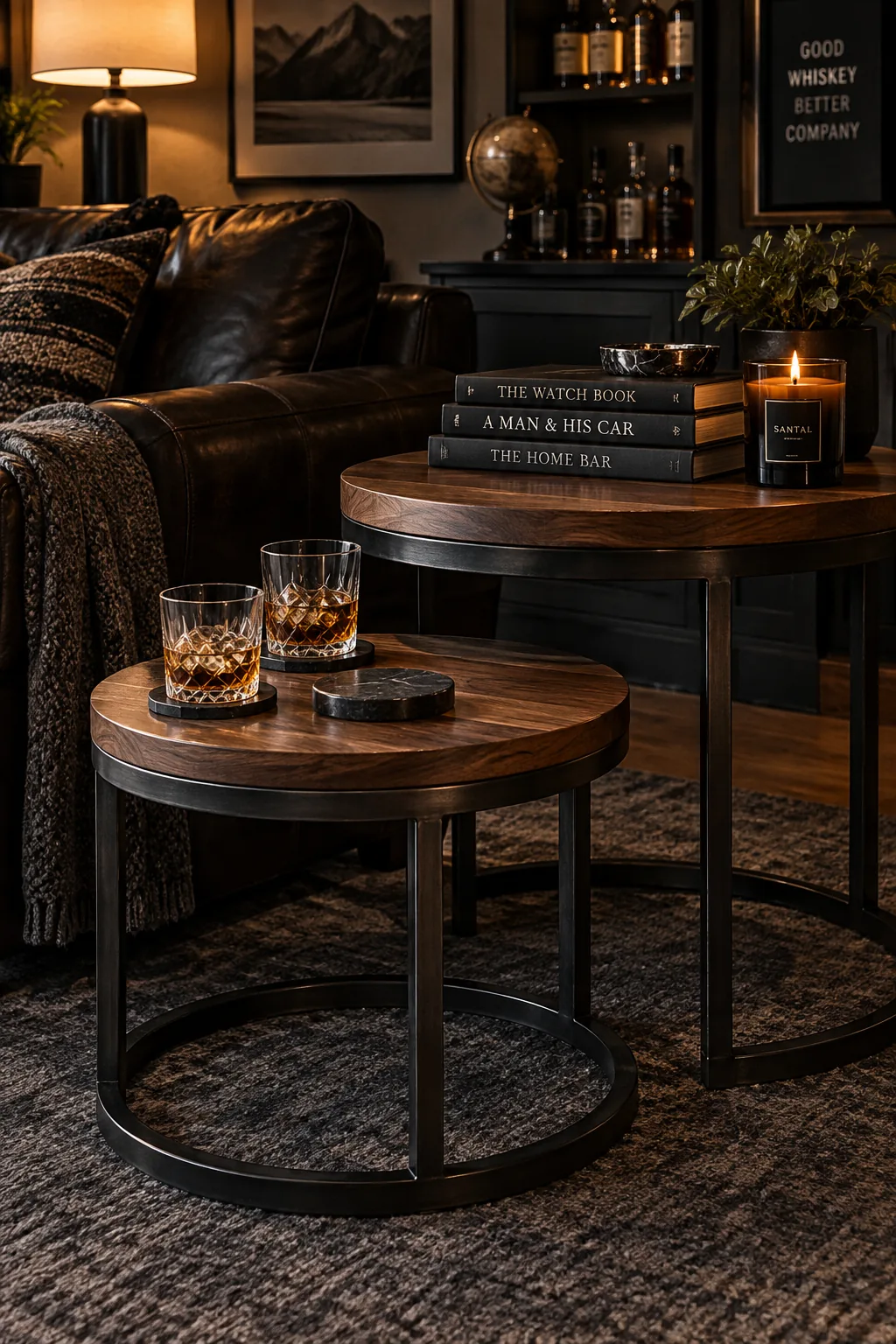 Wood nesting tables pulled slightly apart in front of a small leather sofa