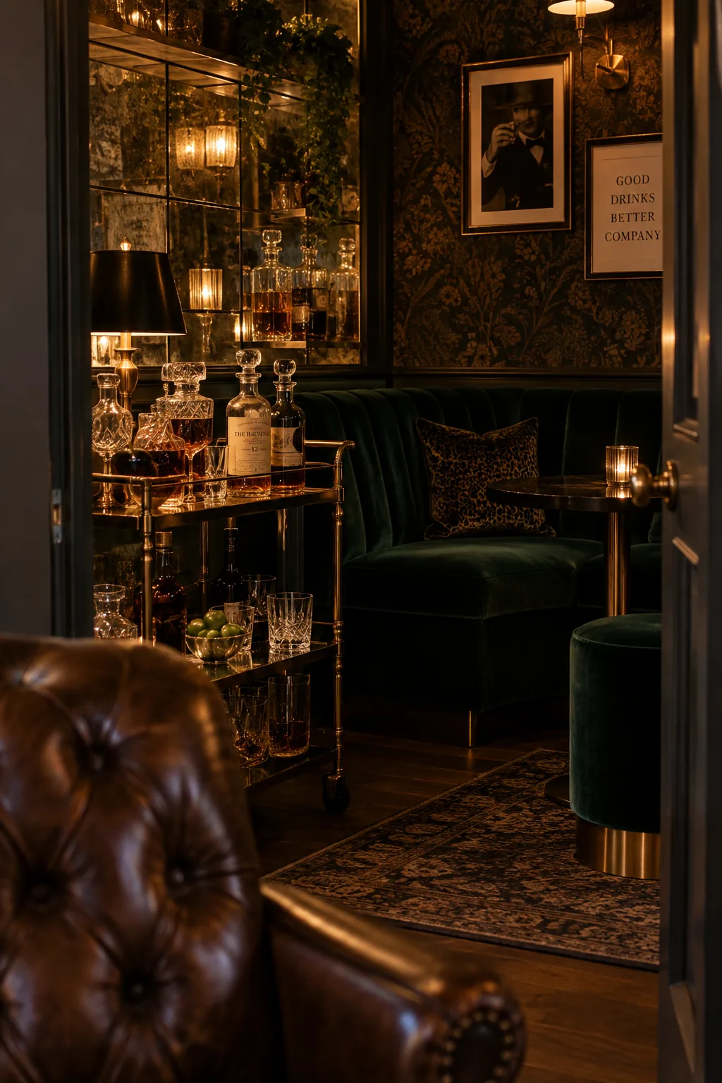 A small bar corner featuring walnut wood paneling and an antique mirror backsplash