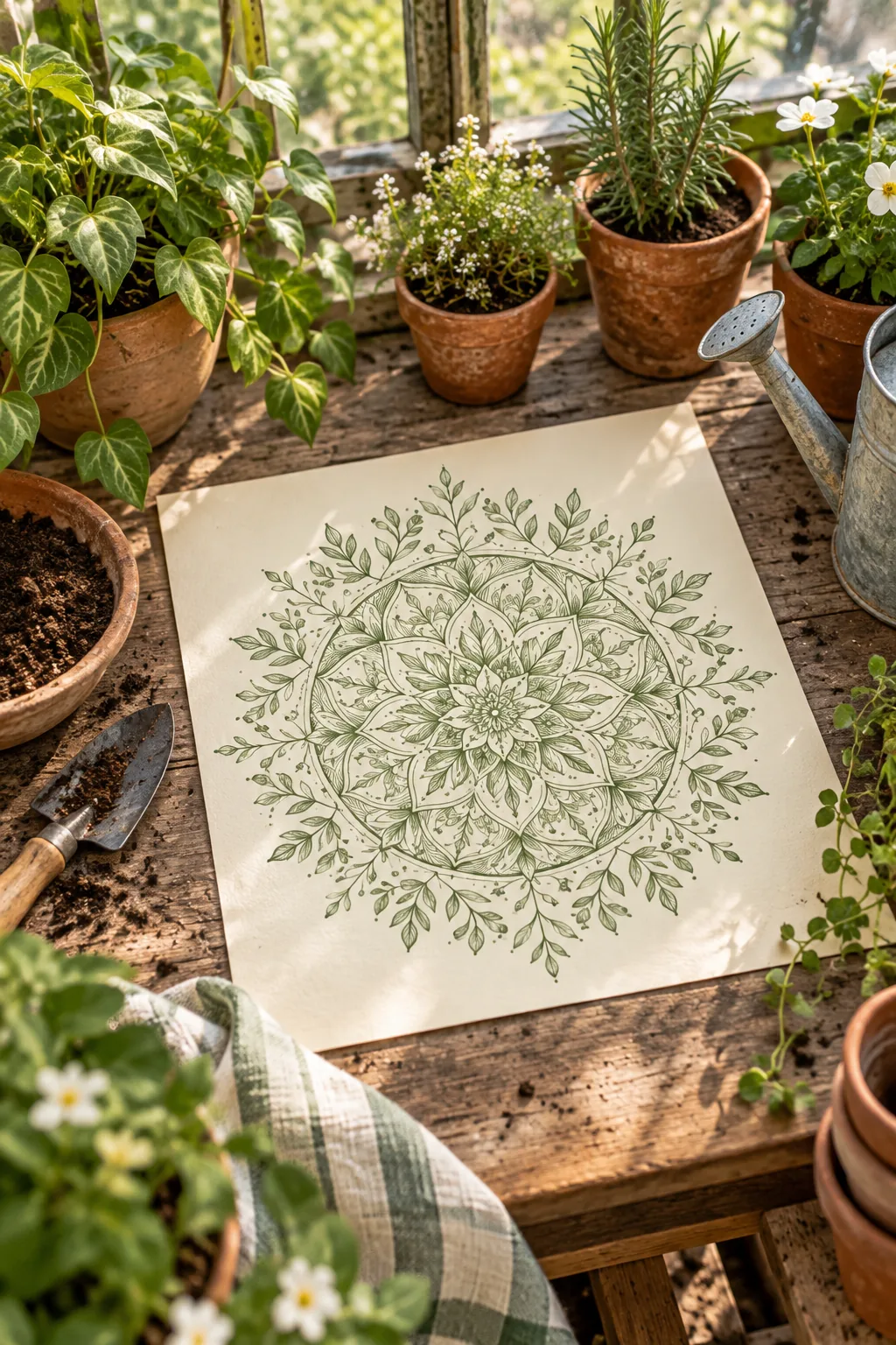 A green ink mandala with leaf motifs drawn on cream paper, surrounded by small plants.