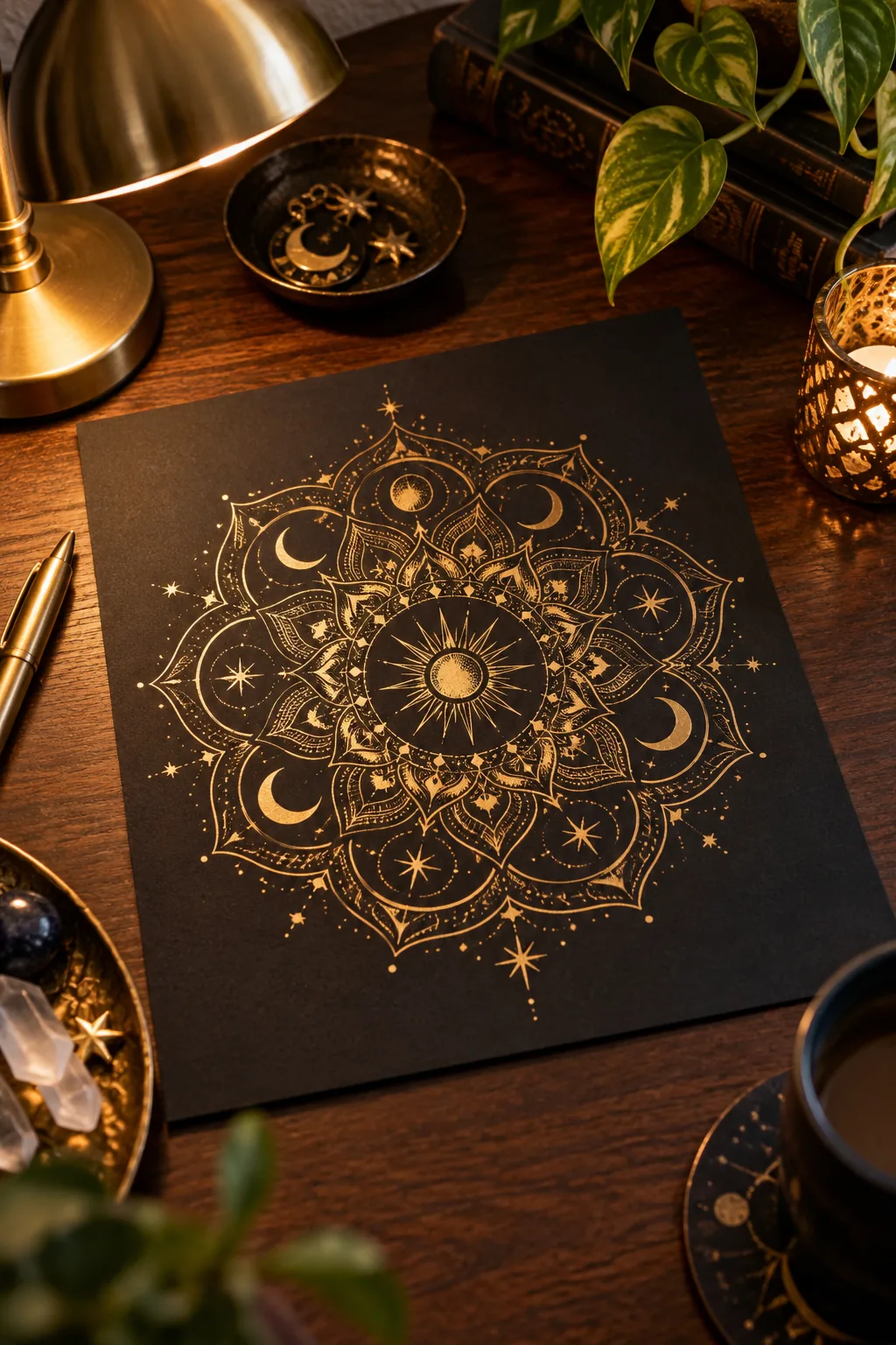 A metallic gold mandala with star motifs drawn on black cardstock.