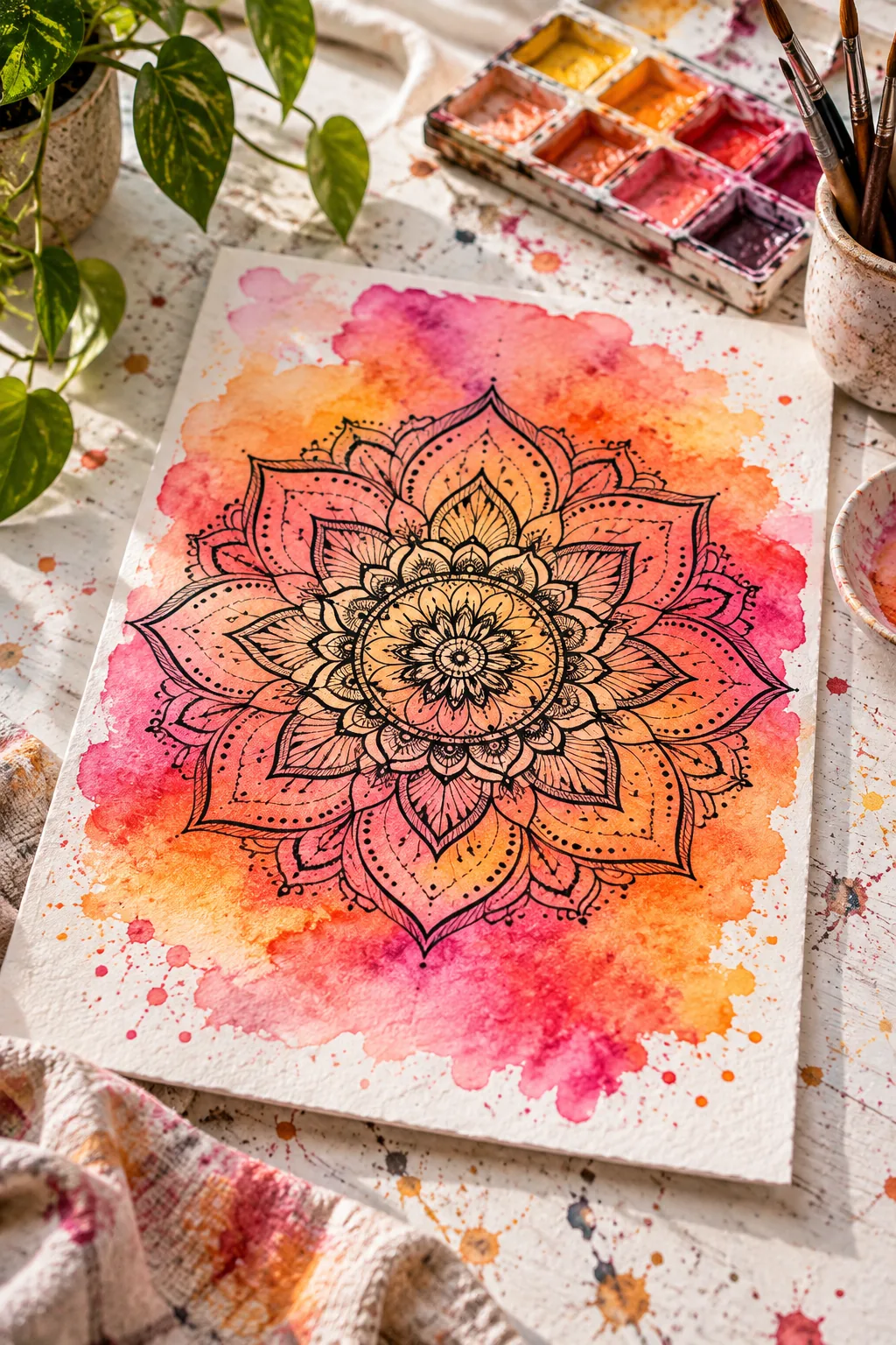 A black ink mandala drawn over a pink and orange watercolor background.