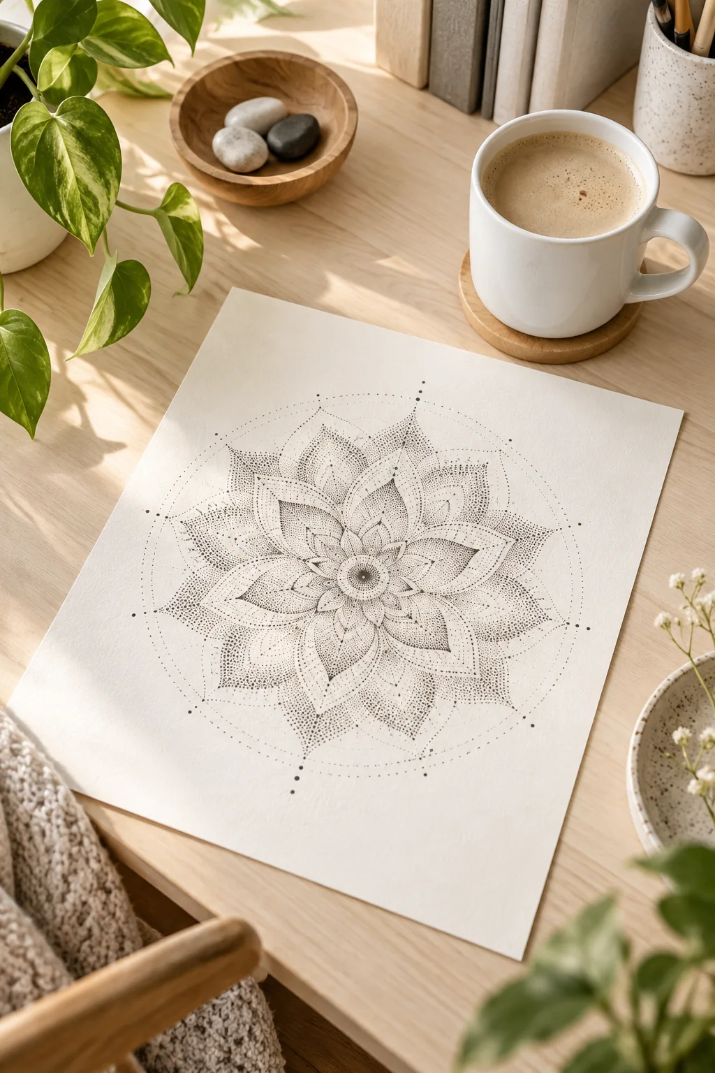A light, airy mandala created entirely out of tiny stippled dots on white paper.