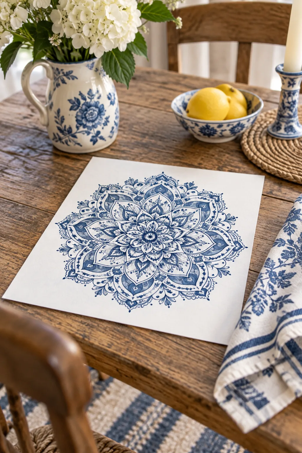 An indigo blue ink mandala drawn on crisp white paper, resembling classic porcelain.