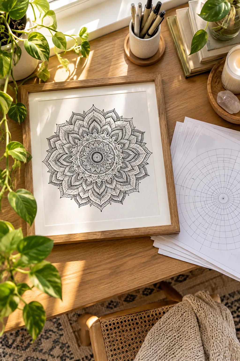 A framed black and white mandala sitting on a desk next to a stack of printed radial grid templates.