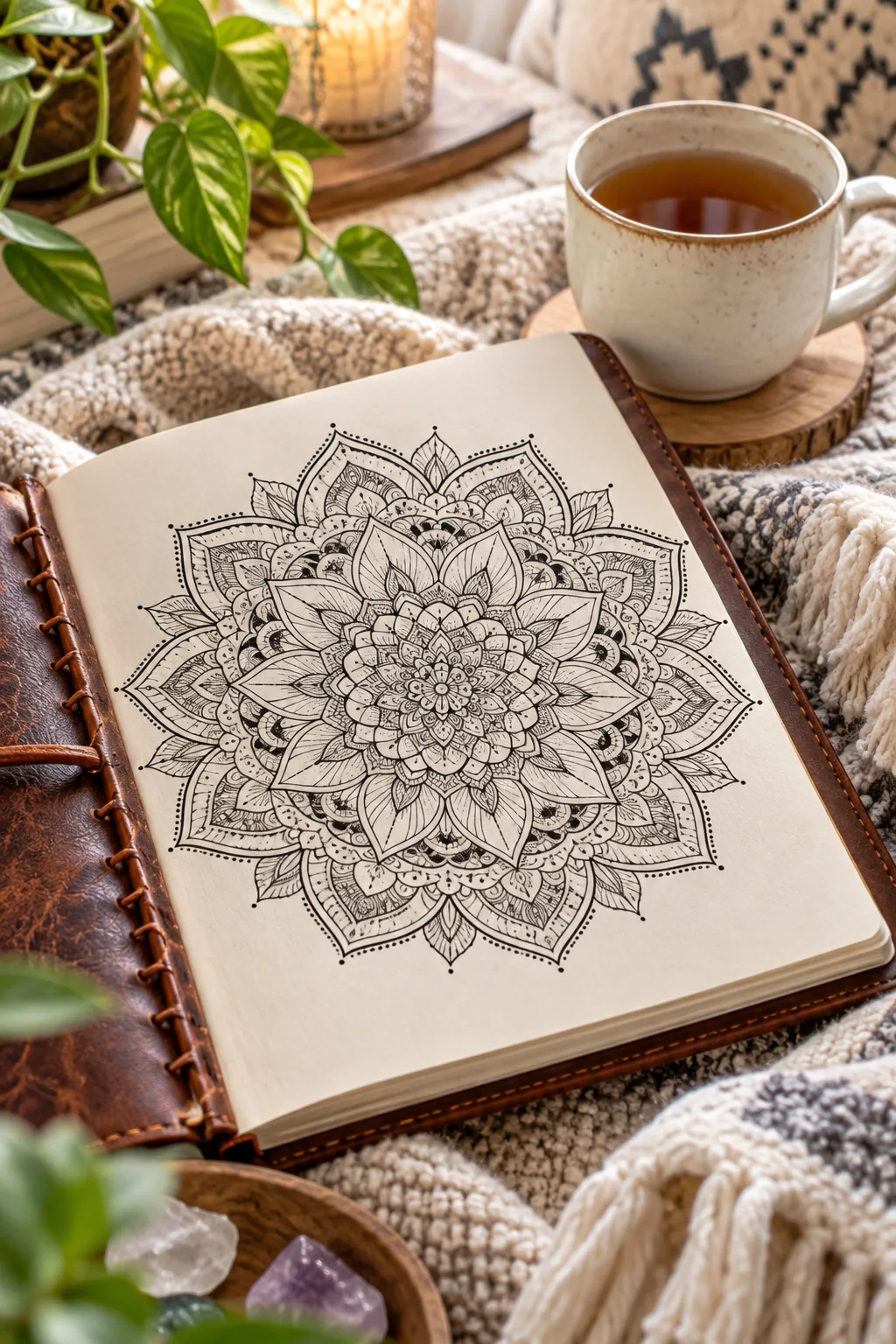 Close-up of the tiny, intricate center point of a finished mandala drawing in a journal.