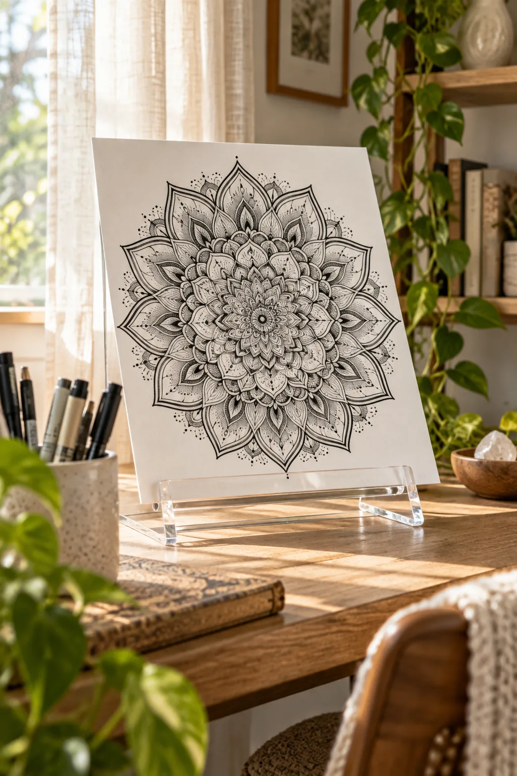 A completed mandala on a book stand, showing petals drawn with parallel double outlines.