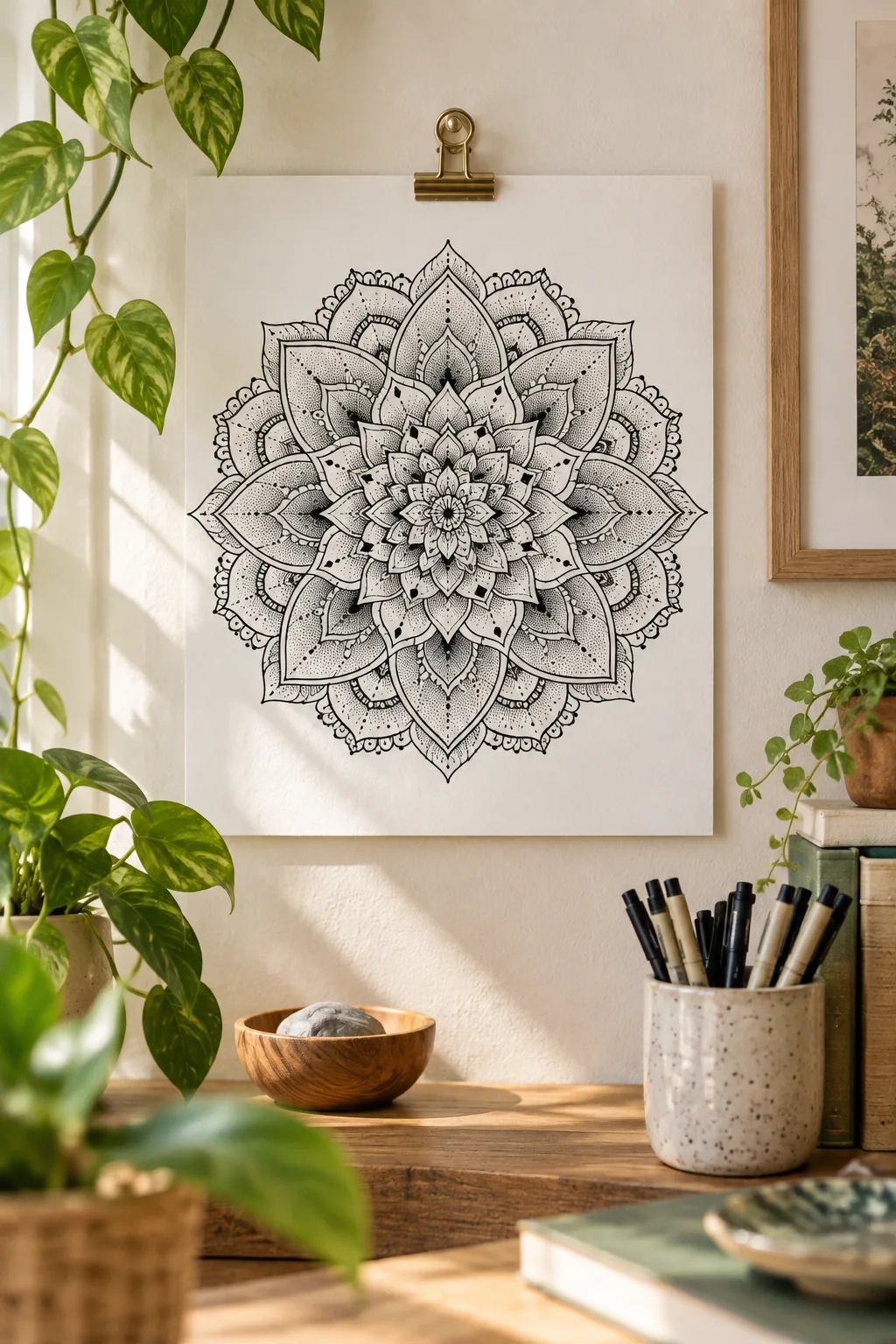 Close-up of tiny stippled dots and fine line details inside the petals of a finished mandala.