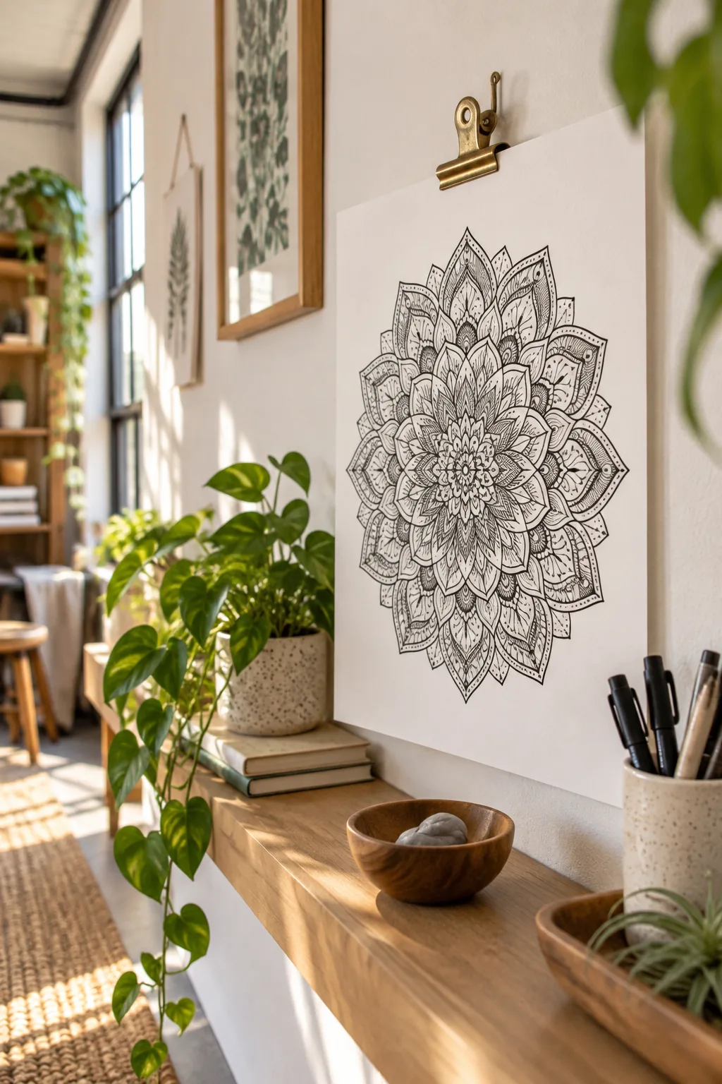 A crisp, clean black and white mandala hanging on a wall clip, completely free of pencil marks.