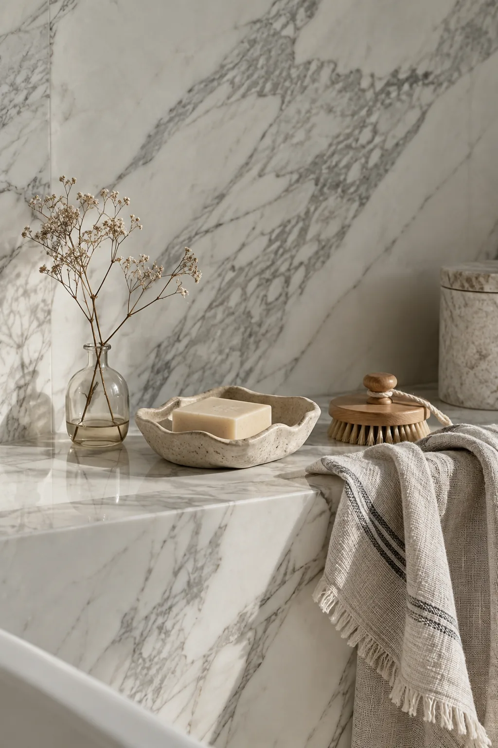 Bathroom featuring large rectangular marble tiles covering the floor and walls
