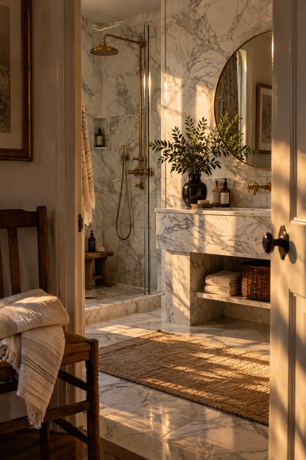 Marble bathroom vanity featuring a vintage-style unlacquered brass faucet