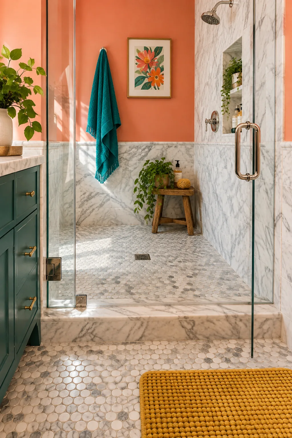 Close up of a bathroom floor covered in small round marble penny tiles