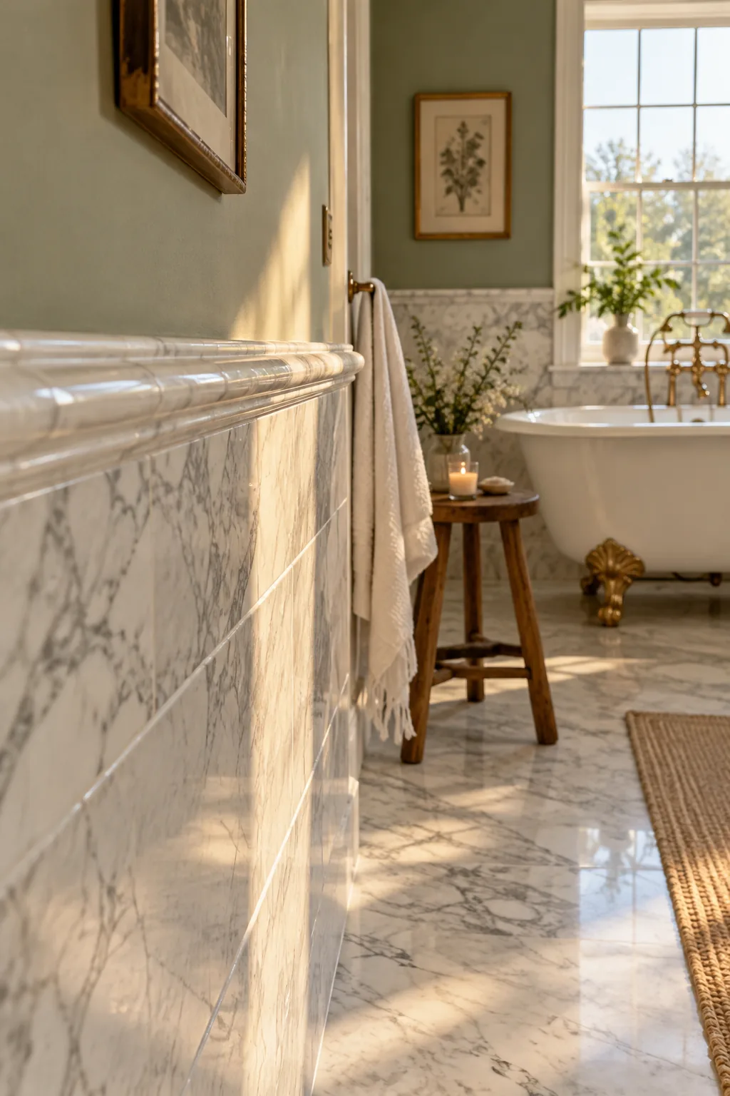 Detail shot of marble wainscoting topped with a rounded marble pencil trim