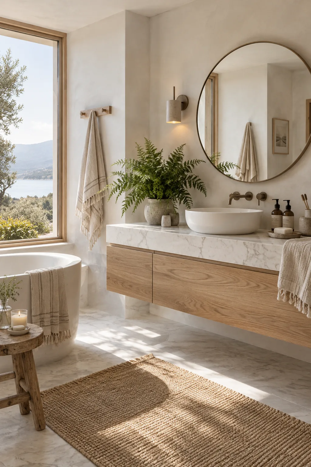 Warm white oak bathroom vanity topped with a thick slab of white marble