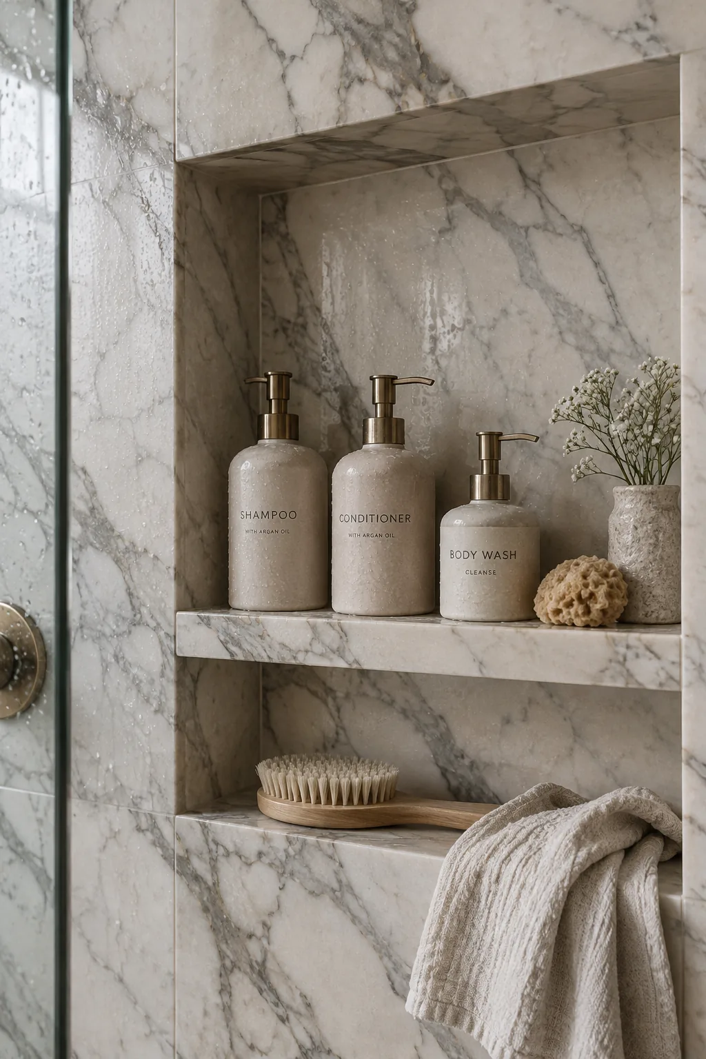Built-in shower niche made of marble that perfectly matches the surrounding wall tiles