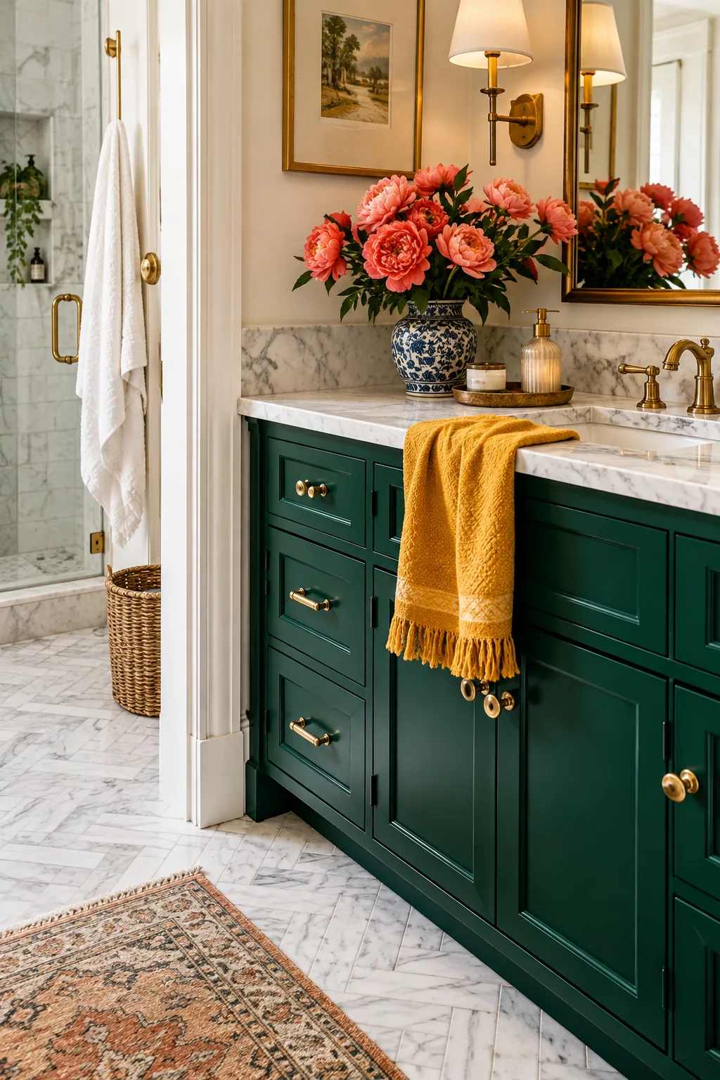 Bathroom floor featuring rectangular marble tiles laid in a zig-zag herringbone pattern