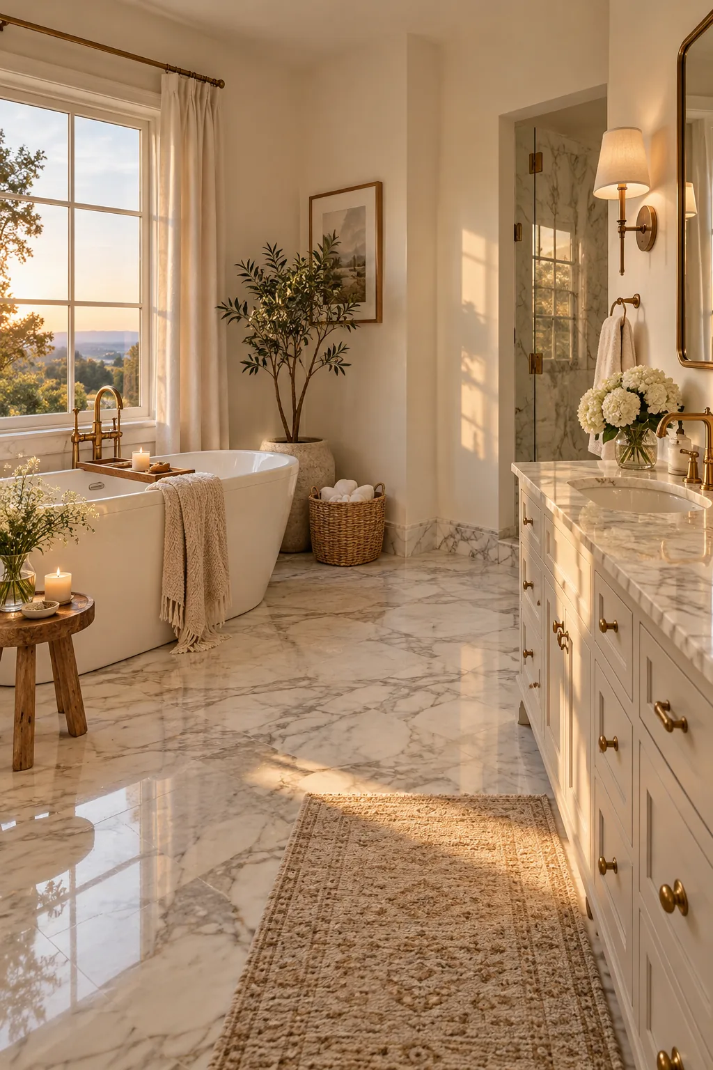 Base of a bathroom wall showing a marble baseboard meeting a tile floor